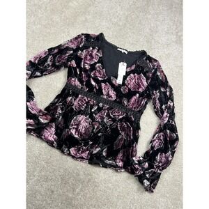 Willow & Clay Blouse Womens Small Black Floral Velvet Peplum Balloon Sleeve Top